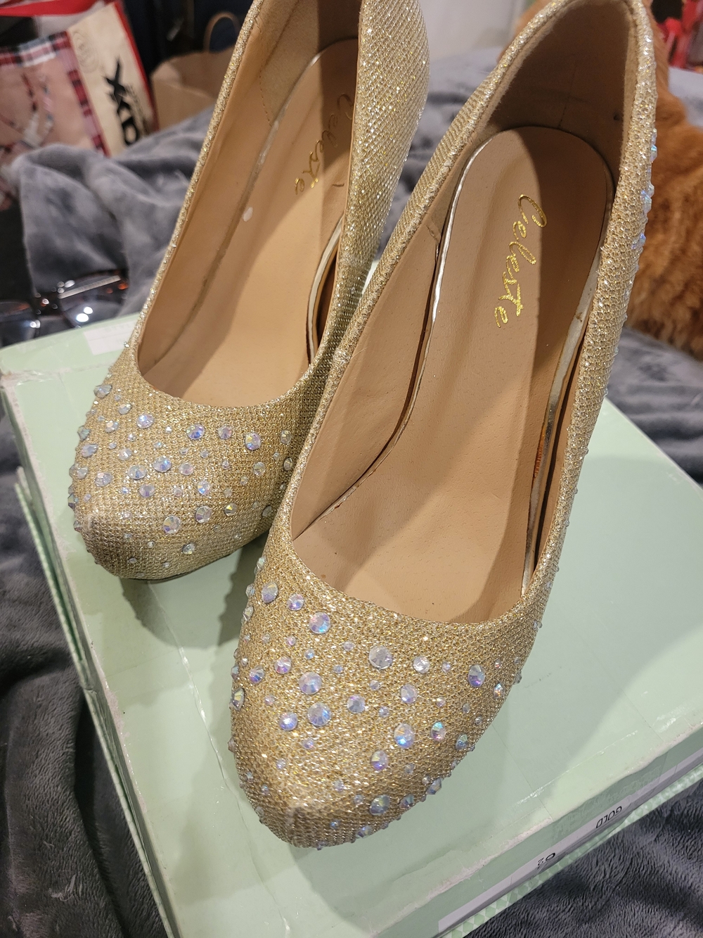 Celeste Gold Glitter Rhinestone Embellished Women's Heels